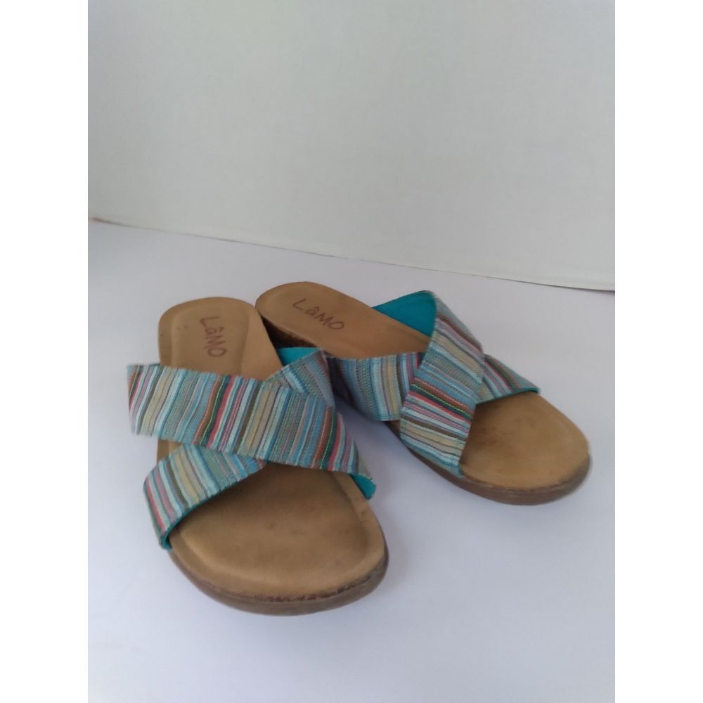 LAMO Striped Turquoise Comfort Slide Sandal Cross Strap Summer Beach Casual Shoe